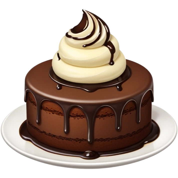 round chocolate cake with vanilla ice cream on a white plate, chocolate syrup on top, simple and bright emoji style emoji