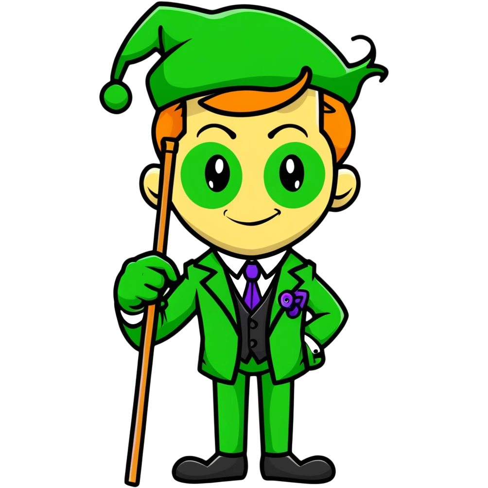 The Riddler villain with green suit, question mark cane, mischievous grin emoji