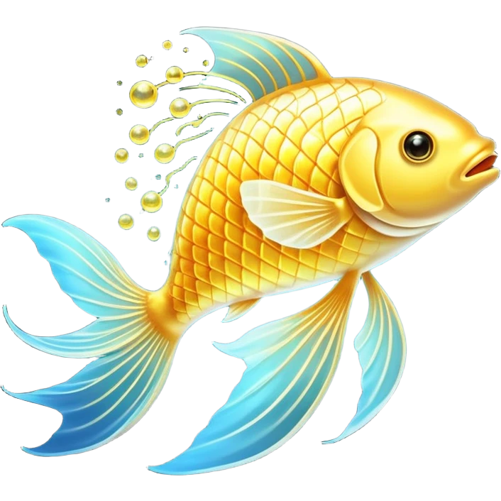 Mystical golden fish flowing in an omega shape, with its body transforming into streams of radiant energy that connect to a brain, heart, and joints. The fish appears magical and ethereal, with glowing scales and a luminous aura representing the essential nutrients of omega-3. emoji