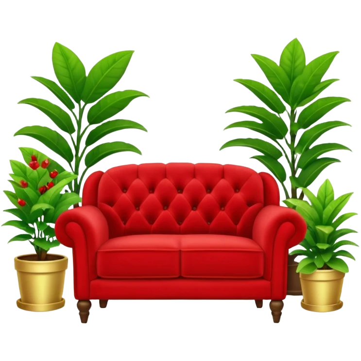 red velvet luxury loveseat with a mic in front, houseplant in back emoji
