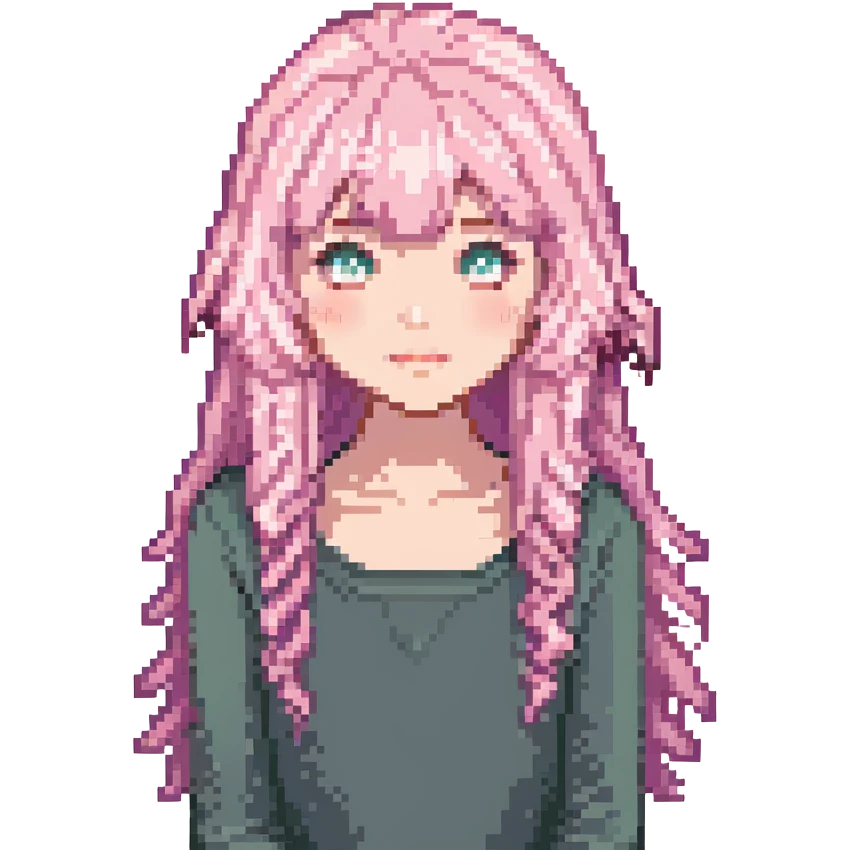 Change hair color to pastel pink, keep the same pixel art style and curtain bangs, with no background. emoji