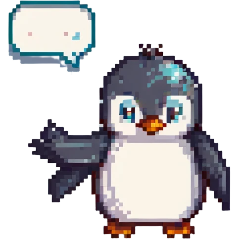 pixel art penguin waving with a speech bubble that says 'Abone ol' in Turkish emoji