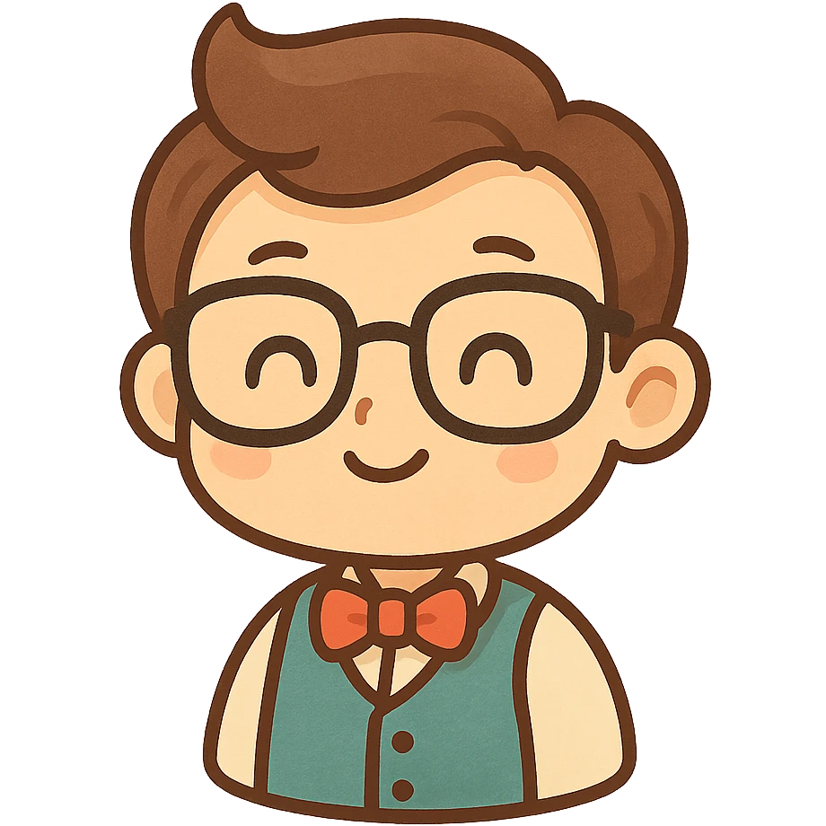 nerd character, glasses, friendly, simple design, cartoon style emoji