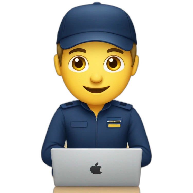 european guy wearing navy cap using laptop emoji