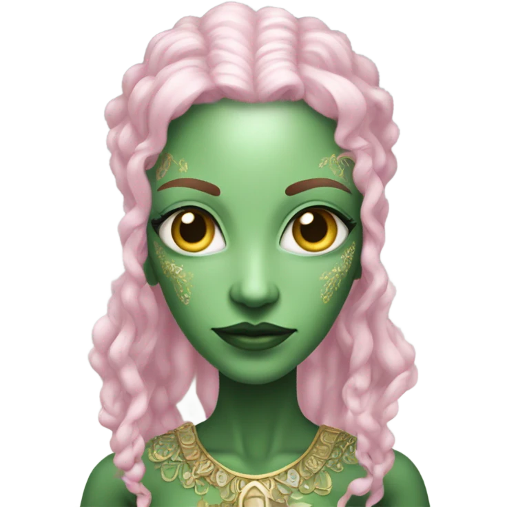 a green amazon alien woman in Victorian white gold pink hair full body  emoji