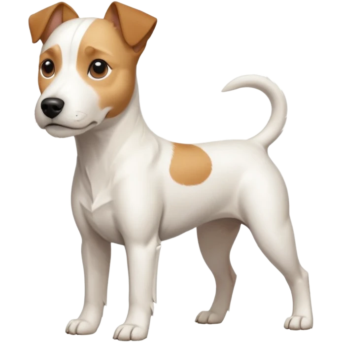 a full body buff white parson russell terrier looking dog the size of a kelpie with light brown long ears and a light brown patch on one eye and a large snout. the rest of the dog is completely white. forward facing emoji