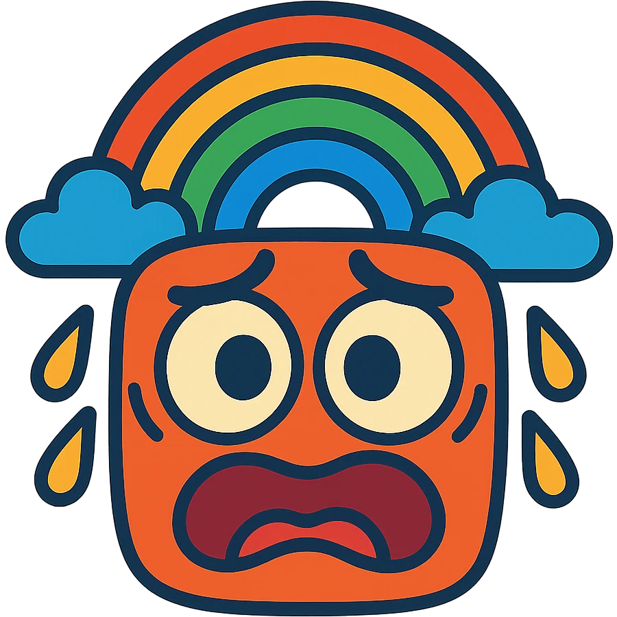 funny anxious face with rainbow elements, cartoon style emoji