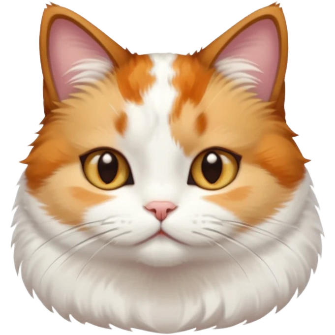 calico and white cat with small head, hazel eyes, and short but chubby body emoji