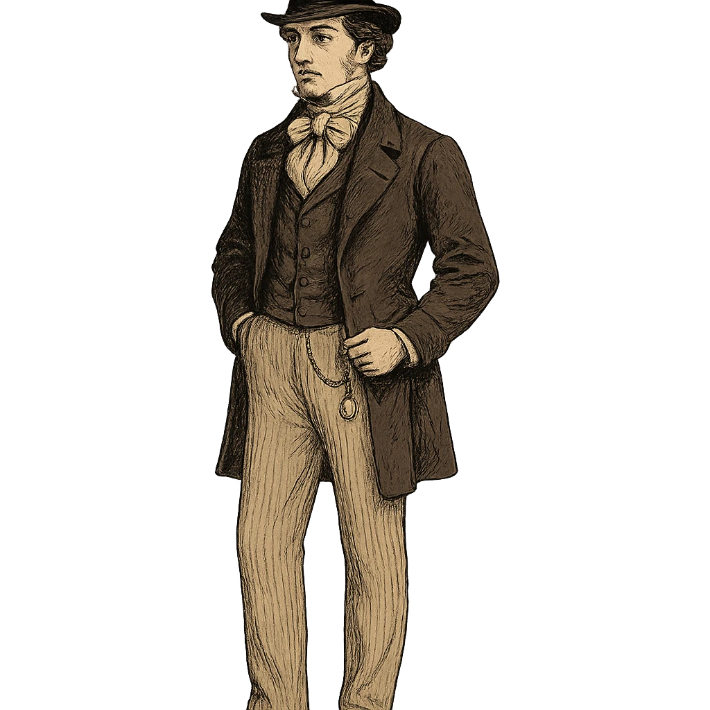 19th century gentleman standing, top hat, cravat, pocket watch, elegant shoes, full body, no background, stylized illustration emoji