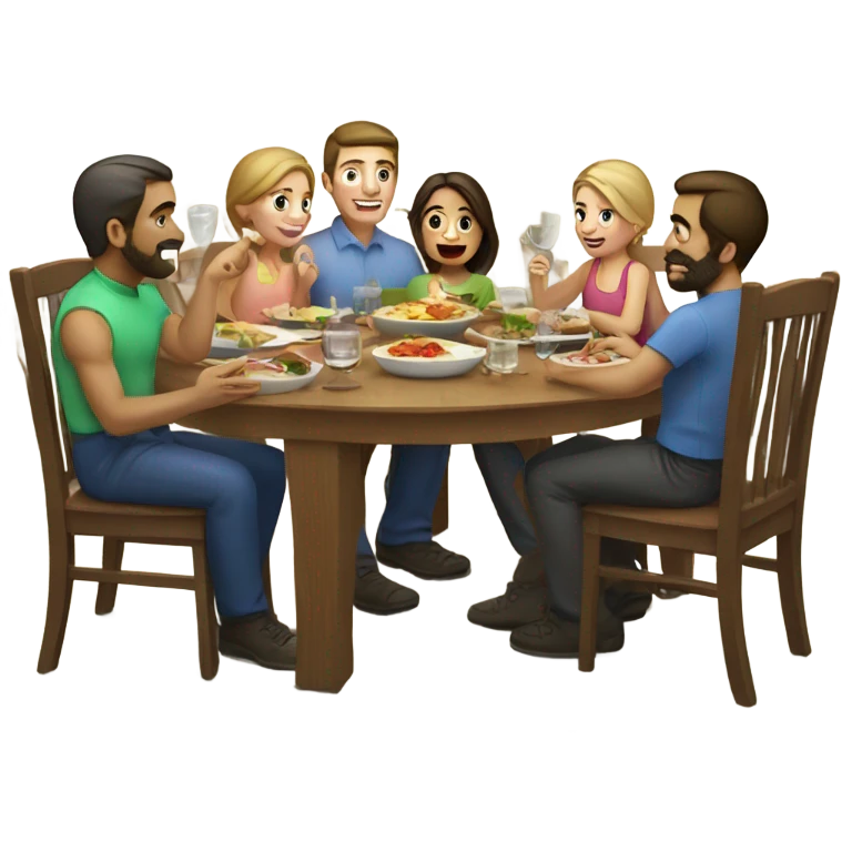 Caucasian family of eight eating dinner around table emoji