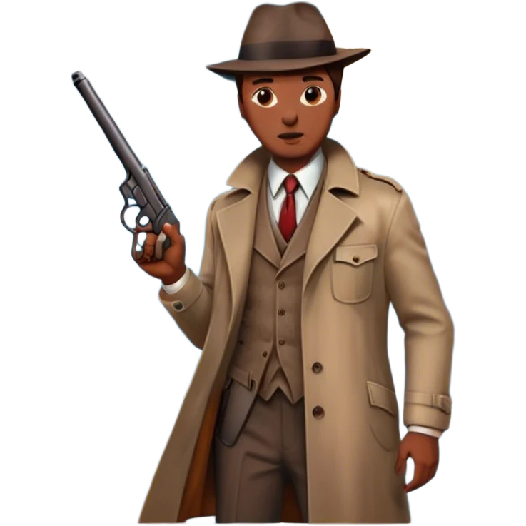 Icon for Detective Movie: A vintage movie poster-style design with a close-up of a detective holding a gun on a dark London street. The scene features a full moon, bloodstains on the pavement, and a mysterious atmosphere, evoking a classic noir detective thriller. Transparent background. emoji