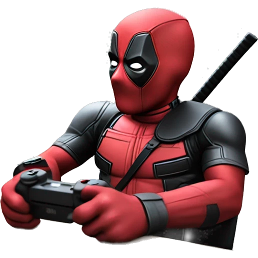 Deadpool holding controller sitting at a desk, front view emoji