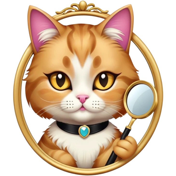 fluffy glamorous cat, dramatic eyeliner, holding tiny mirror, posing like a diva, emoji-style, fashion editorial lighting emoji