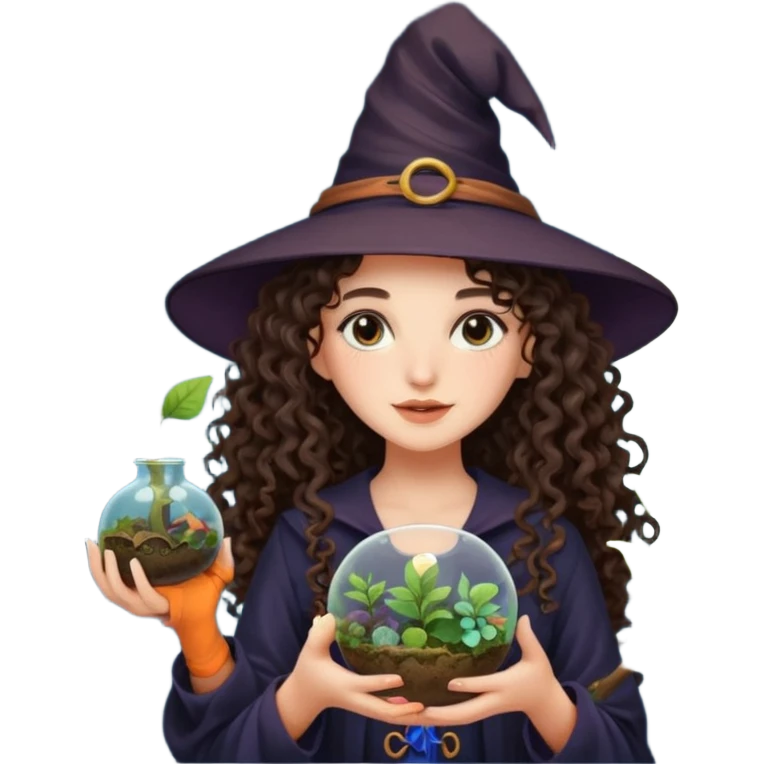 A long curly haired brunette girl with a moon, witch hat, holding a plant terrarium emoji