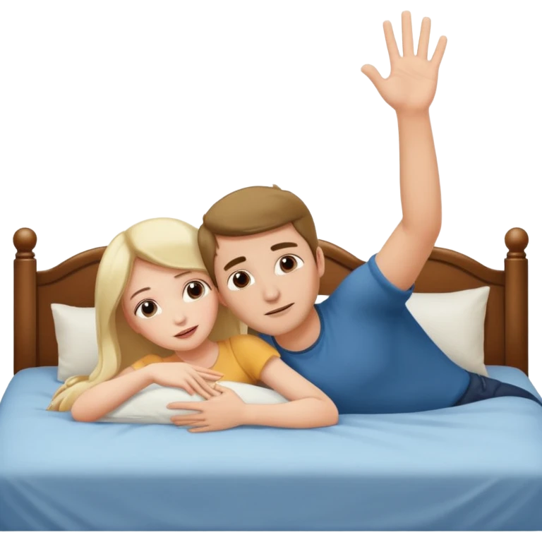 A bed with a girl laying down and a man putting his hand up. emoji