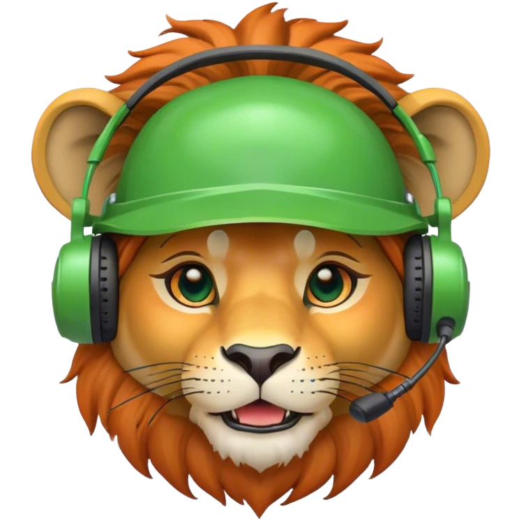 Head of Simple cute Lion wear helmet and call center headset in green and orange theme in 2d animate style emoji