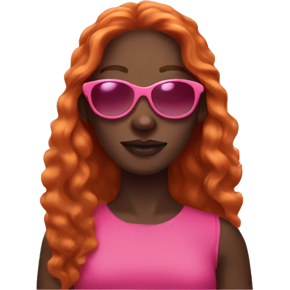Dark skinned Lady wearing pink sunglasses, long ginger hair, emoji
