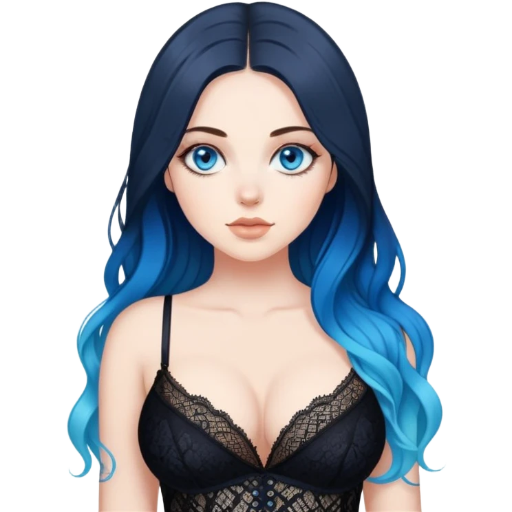 Beautiful Buxom-pawg-twerking-deep blue eyes-very very long brunette to sky blue ombre hair-big juicy booty, wearing black lace, sfw emoji