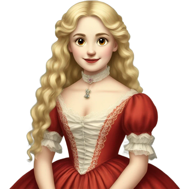 Victorian blond and long hair girl with red dress on the final of 19th century emoji
