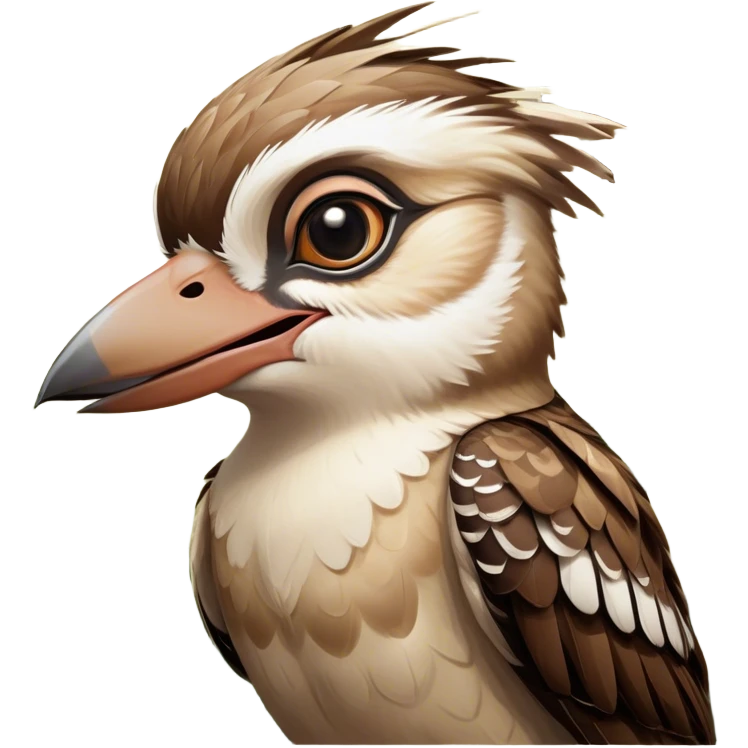 Cinematic Comical Kookaburra Portrait Emoji, Head tilted dramatically with an exaggeratedly amused expression, featuring a strikingly patterned brown and cream plumage with wide, expressive eyes filled with playful disbelief, Simplified yet hilariously expressive features, highly detailed, glowing with a slightly sassy glow, high shine, dramatic yet playful, stylized with an air of cheeky bushland mischief, bright and endearing, soft glowing outline, capturing the essence of a spirited and over‐the‐top kookaburra, so meme‐worthy it feels like it could cackle its way into internet fame instantly! emoji