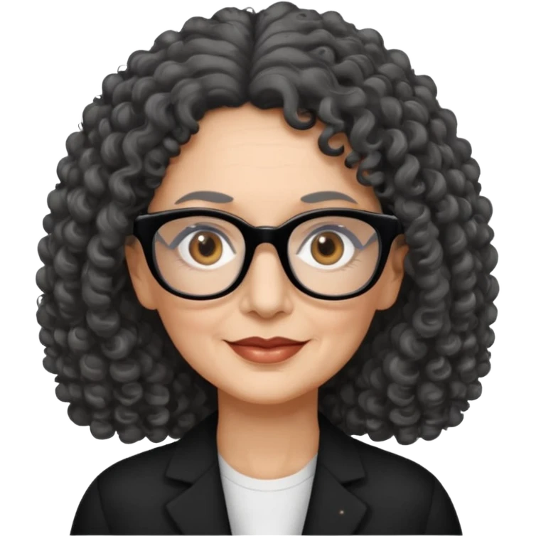 femme 60 ans cheveux gris foncé très bouclé longs et yeux marrons foncé,  lunettes rectangle noir emoji