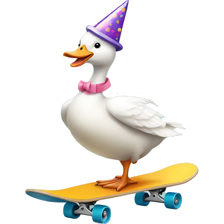 White goose wearing birthday party hat riding skateboard emoji