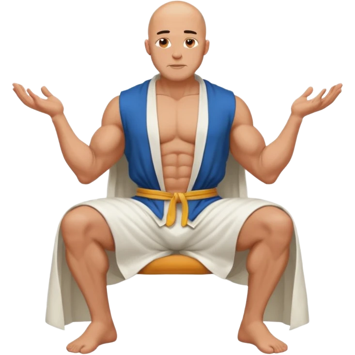 fullbody jacked bald guy, sleeveless and unbuttoned in full white robe sitting emoji