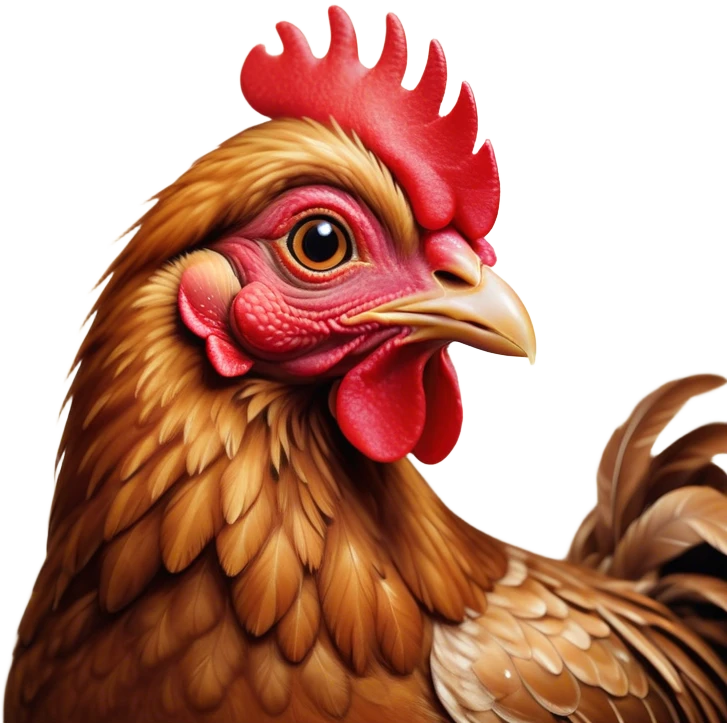 Cinematic Cute Brown Chicken Portrait Emoji, Head tilted playfully and inquisitively, featuring a lustrous brown feathered coat with a natural sheen and a subtle red comb, round, sparkling beady eyes filled with curiosity, Simplified yet irresistibly adorable features, highly detailed, glowing with a warm, friendly glow, high shine, affectionate and lively, stylized with a touch of country charm, bright and endearing, soft glowing outline, capturing the essence of a mischievous yet loving chicken, so playful it feels like it could peck out of the screen and into your arms! emoji