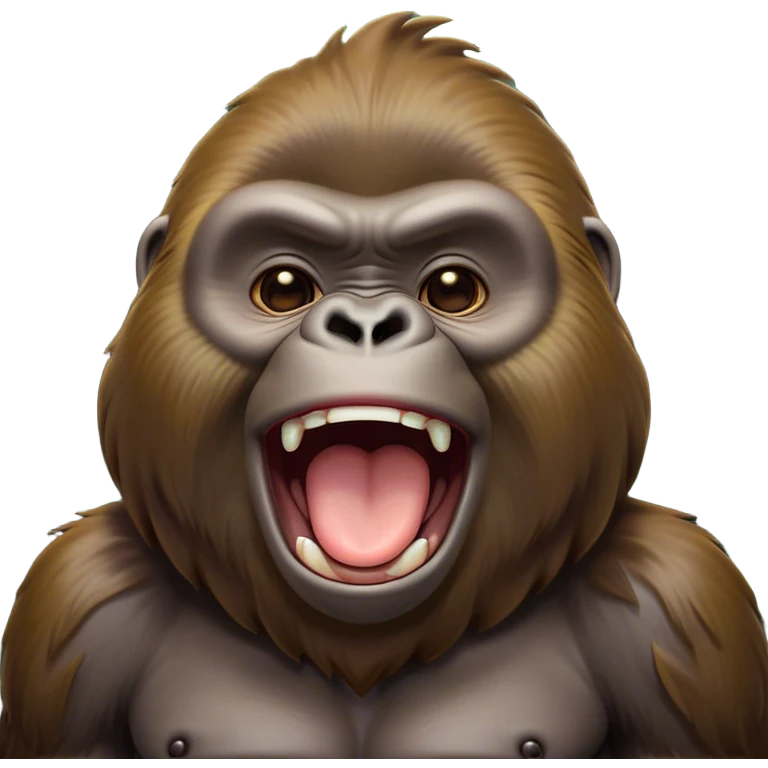 Cinematic Cute Yawning Gorilla Portrait Emoji, Head tilted slightly with a dramatic, wide-open yawn, showcasing a thick, velvety Fur with drowsy, half-closed eyes and a relaxed, open expression, Simplified yet irresistibly adorable features, highly detailed, glowing with a soft, cozy jungle glow, high shine, relaxed yet expressive, stylized with a dash of whimsical primate charm, soft glowing outline, capturing the essence of a drowsy yet affectionate guardian that appears ready to stretch out for a nap! emoji