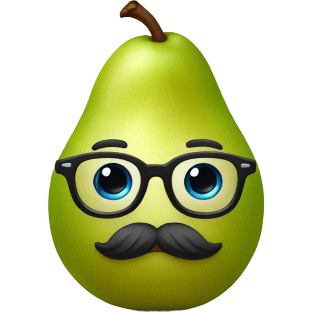 a pear with blue eyes, glasses, upturned hair, mustaches and muscular arms emoji