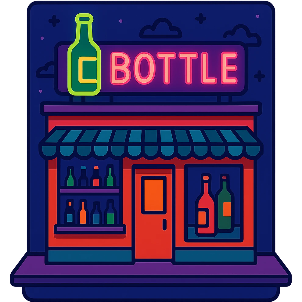 bottle shop, exterior view, neon sign, night scene, vibrant colors, cartoon style emoji