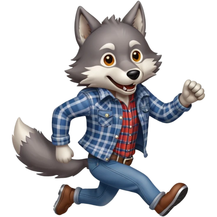 friendly anthropomorphised wolf in plaid and jeans running, energetic pose emoji