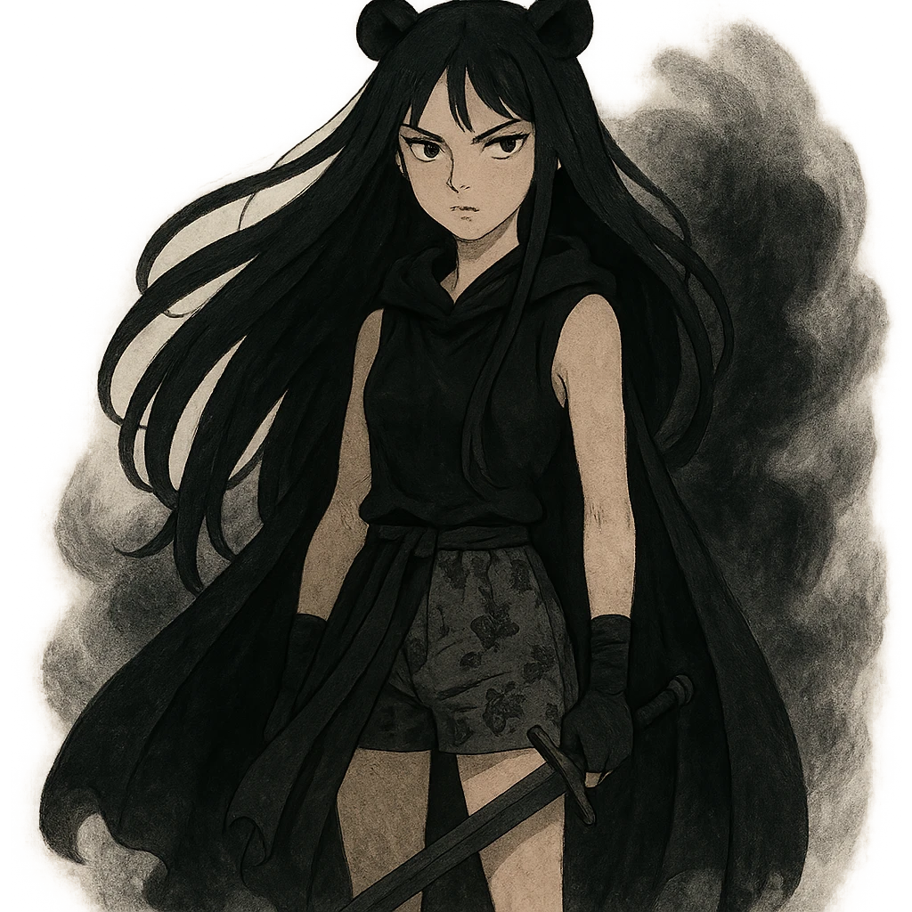 mysterious gothic female fighter with long flowing black hair, sharp intense eyes, small black bear ears, sleeveless black ritual robe top, gray combat shorts with dark floral pattern, quiet but commanding presence, soft dark aura emoji