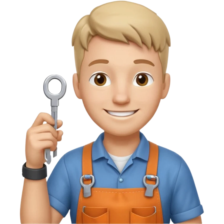 locksmith portrait, head and shoulders only, wearing work apron collar, holding a key near face, friendly confident smile, tool belt strap visible, 3D cartoon, mobile game icon style, clean background, no text, no watermark

 emoji