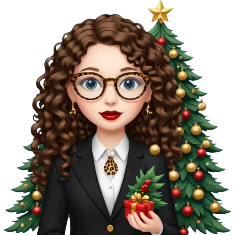 A girl with white pale skin, blue eyes, full lips, brunette long curly hair. She has a leopard print round-ish shaped glasses. She is wearing a all black suit. And she has red lipstick. She is putting gold ornaments happily to a christmas tree. emoji