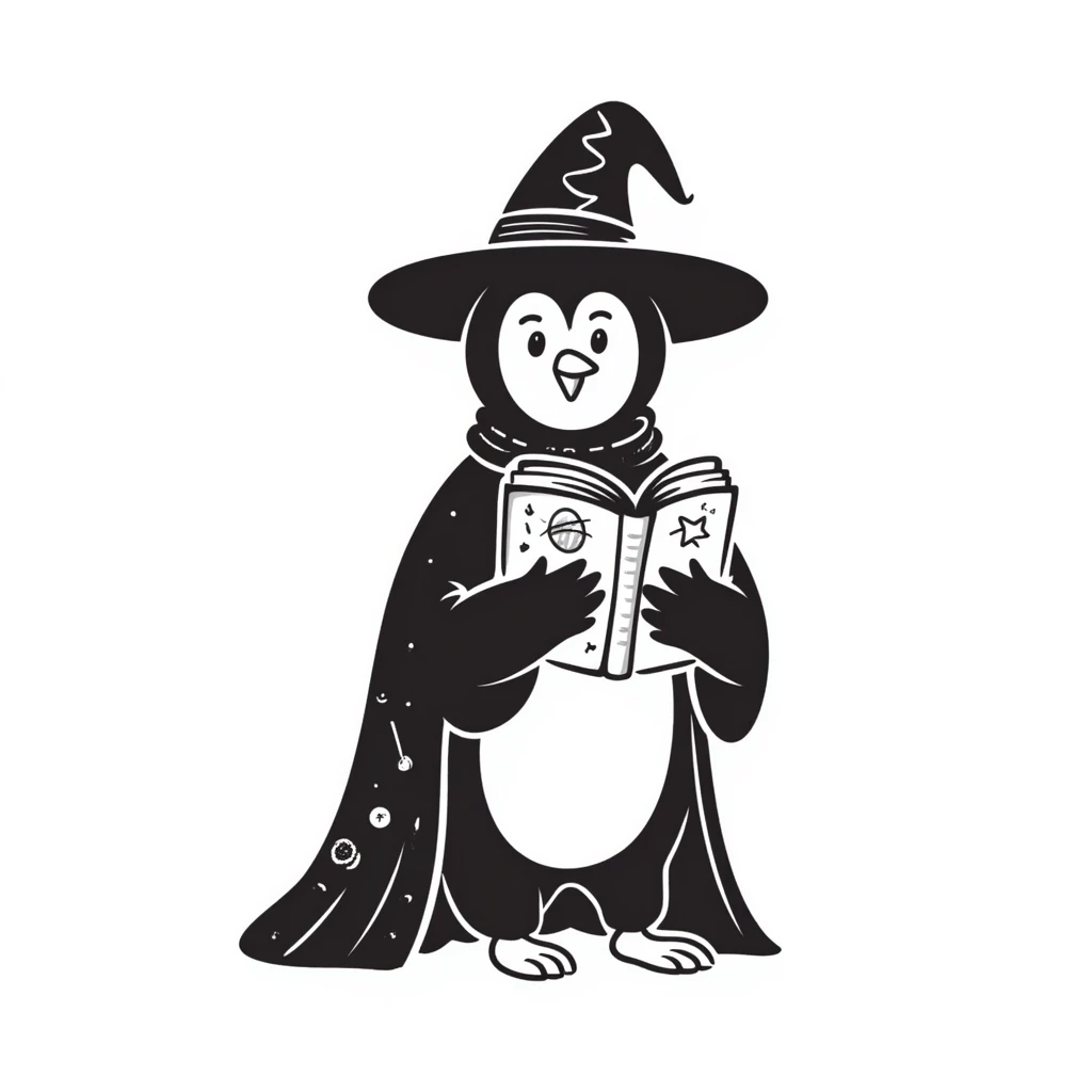 penguin wizard with magic book emoji