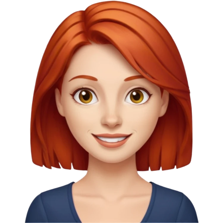 emoji of a 30-year-old woman with a more mature appearance, lady-like features, red hair, cheerful expression emoji