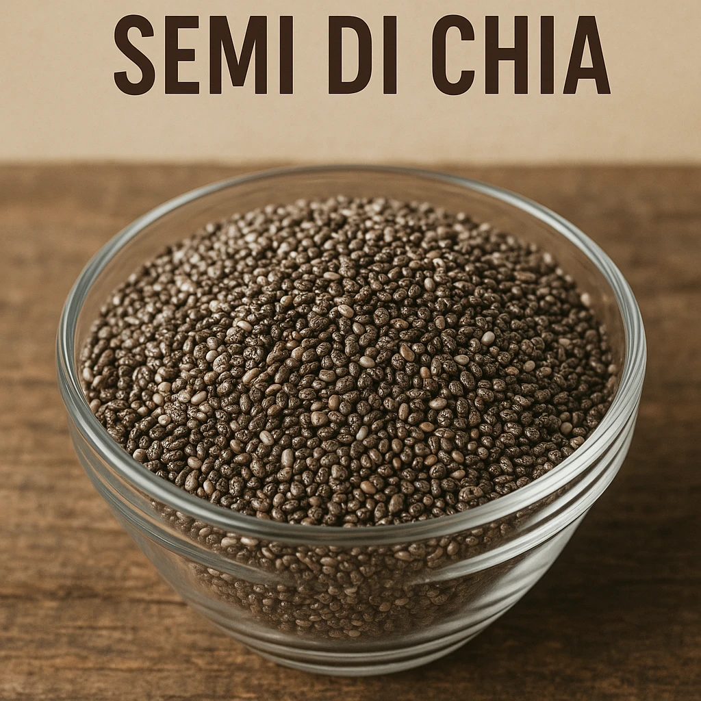 photo realistic chia seeds in a transparent bowl with the text 'semi di chia' in Italian emoji