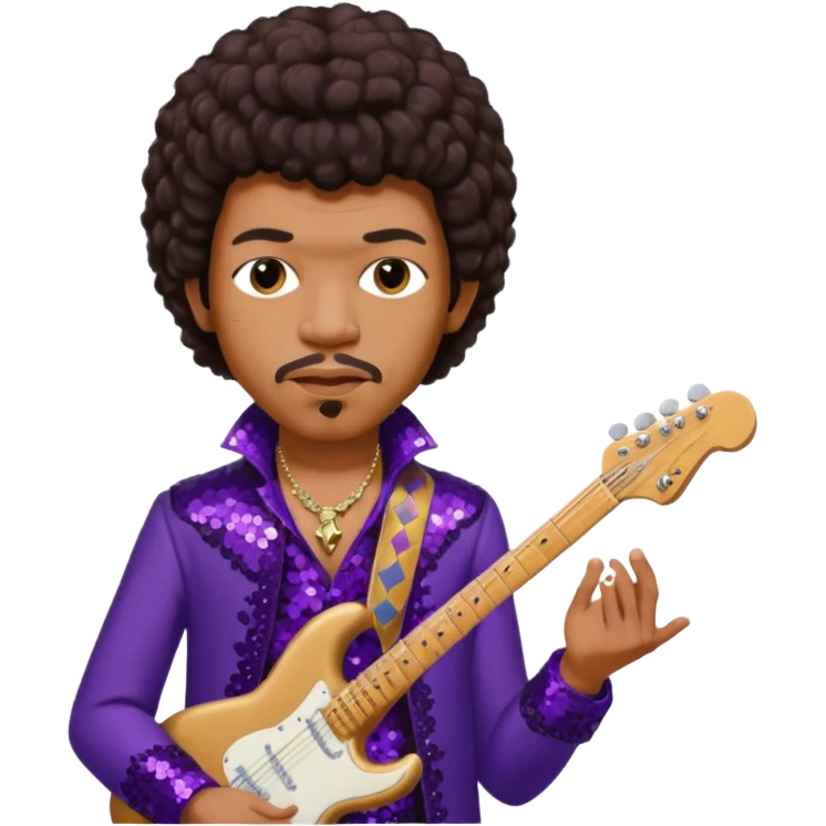 Jimi Hendrix with dark brown hair, dark purple sequin outfit emoji