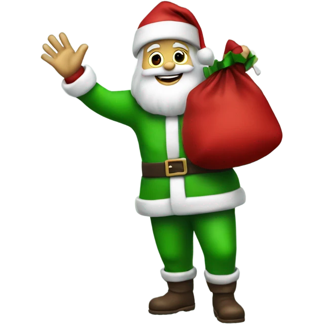 Santa Claus in a green suit waving with his left hand holding a red sack over his right shoulder emoji