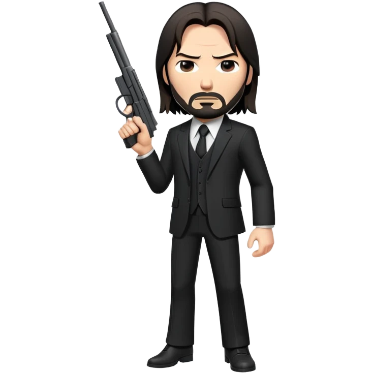 John Wick in black suit with long hair, determined expression, holding a gun emoji