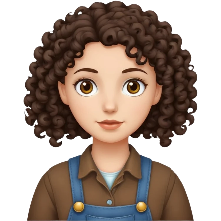 white girl with very curly dark brown hair, brown eyes, wearing farm clothes emoji
