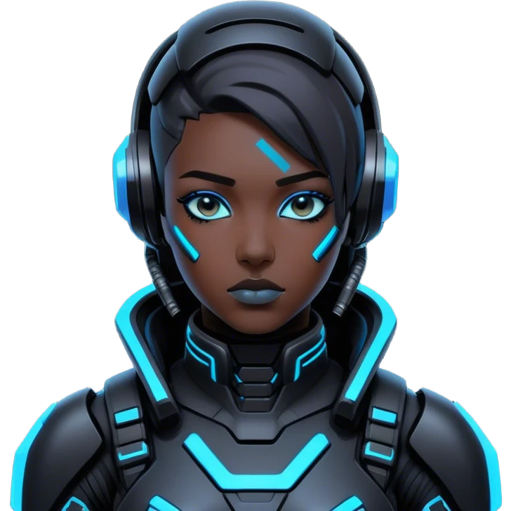 A futuristic cyberpunk soldier, black exosuit, neon blue accents emoji