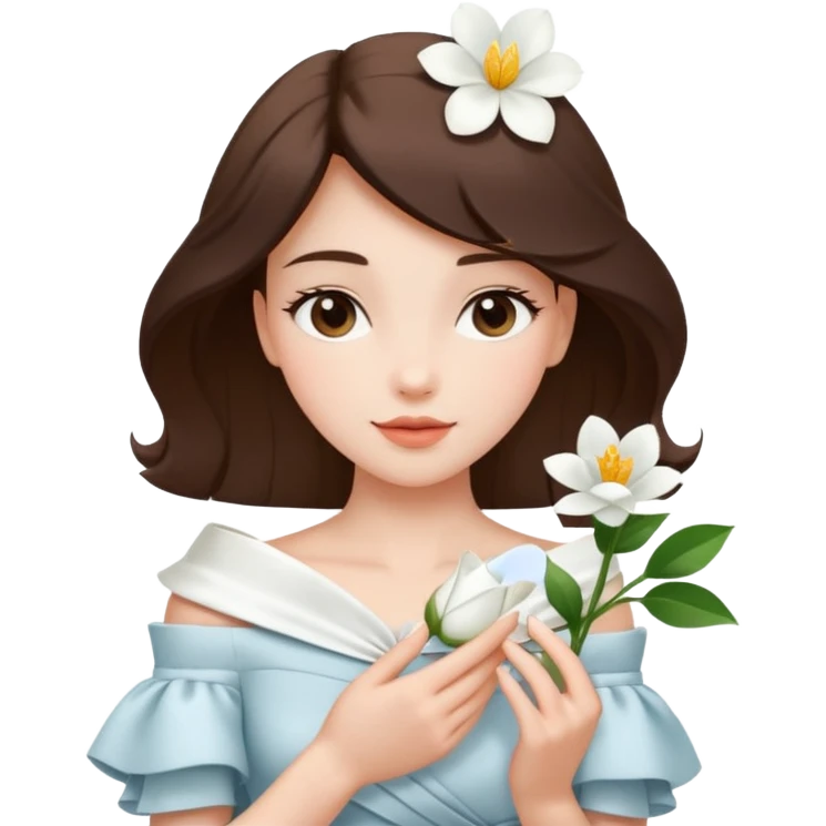 Pretty lady wearing a white silky off-the-shoulder folded neckline and holding a white flower on her right hand emoji