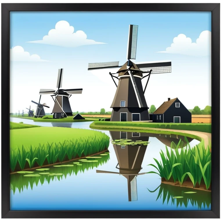 cinematic-realistic-kinderdijk-windmills-landmark-emoji,-showcasing-traditional-dutch-windmills-aligned-along-a-tranquil-canal,-with-lush-green-fields in a picture frame emoji