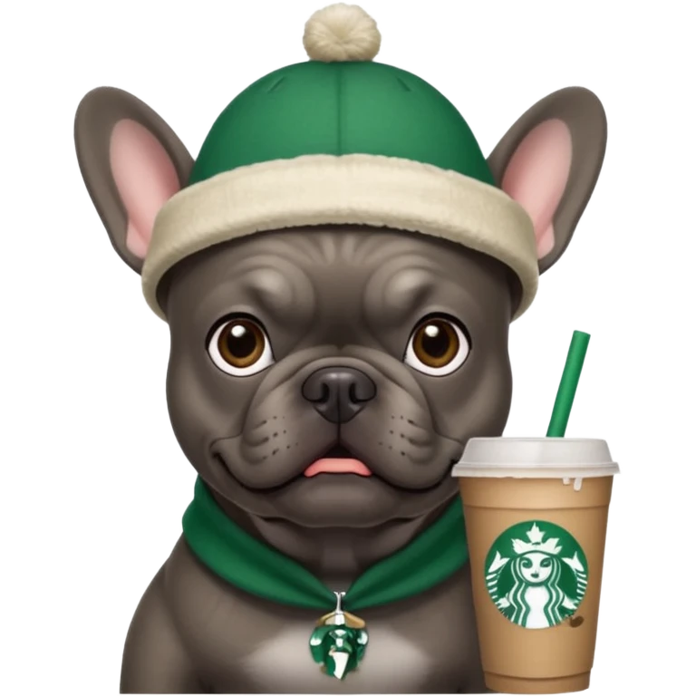 dark grey french bulldog with a starbucks hat emoji