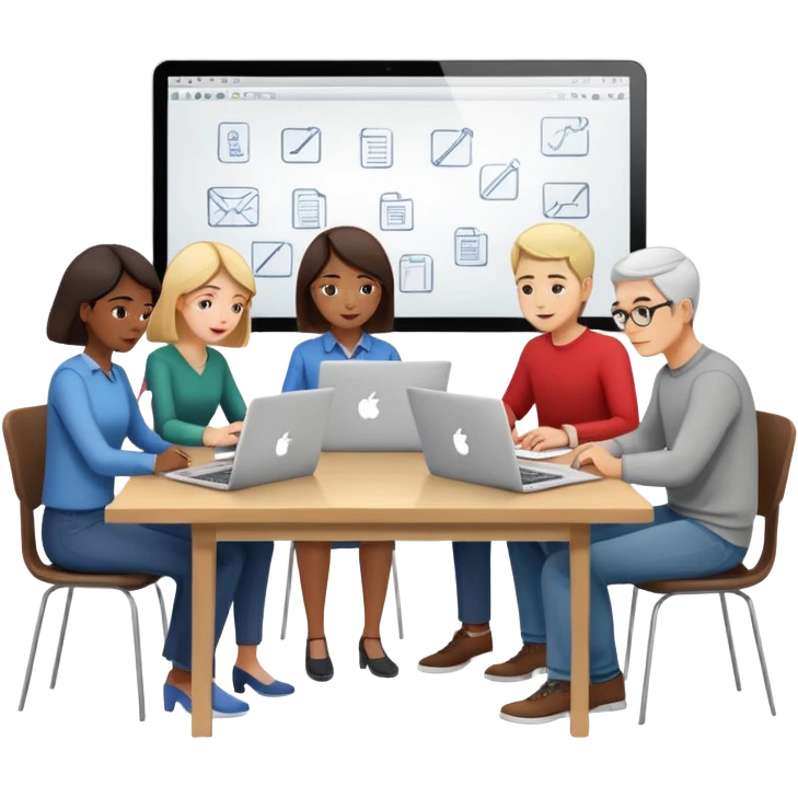 design team at a table with laptops and sketches emoji