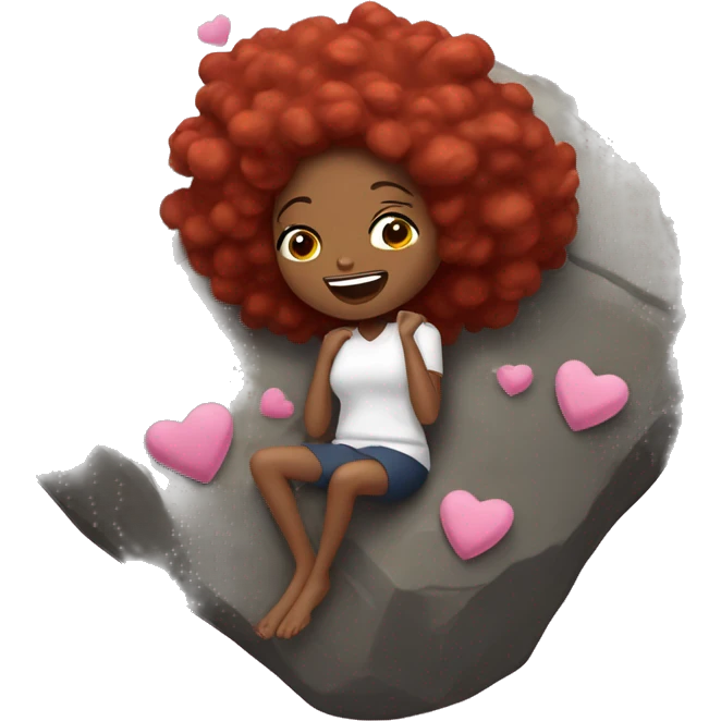 A black woman laying on her back on a rock, sick, red hair plats, butter flies around, pink hearts emoji