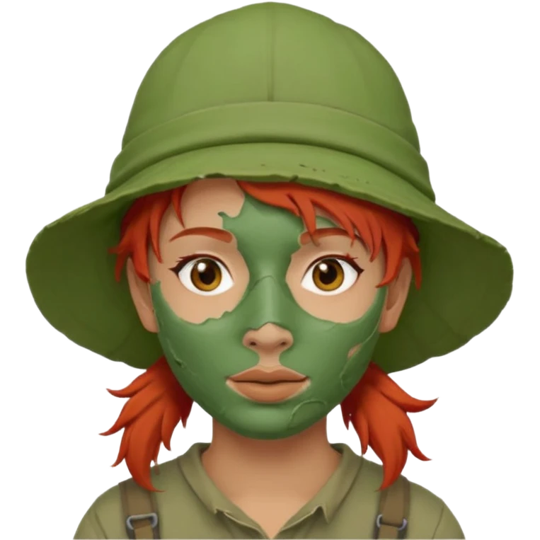 messy green full face clay mask and tourist hat red hair  emoji