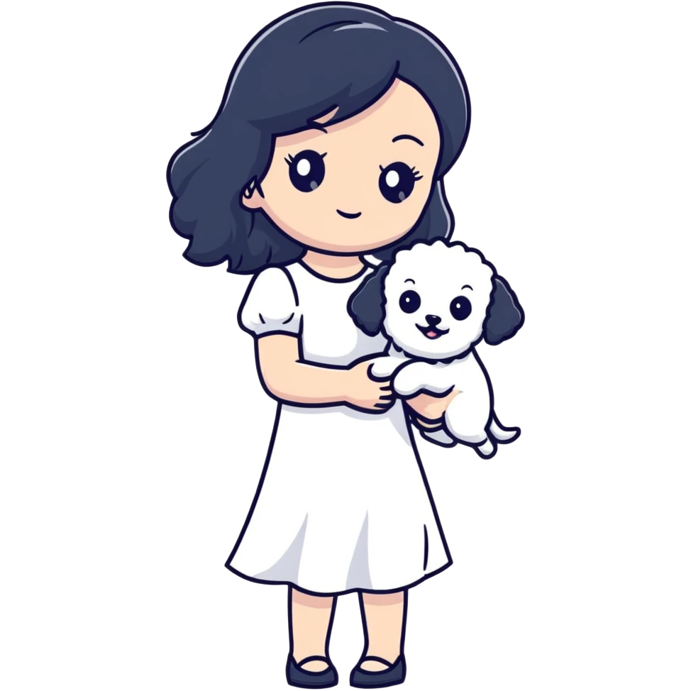 A beautiful girl with long black hair wearing a white dress holds a small white Bichon Frise in her arms emoji